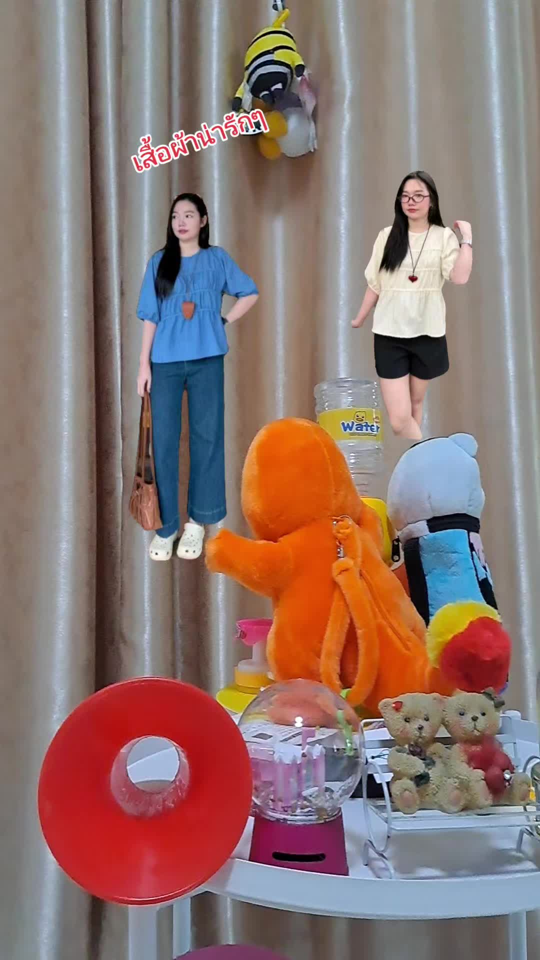 # เสื้อผ้าผู้หญิง # เสื้อคอกลม แขนตุ๊กตา# แต่งเลเยอร์ด้านหน้า #สไตร์น่ารัก #ทรงหลวมใส่สบายๆ