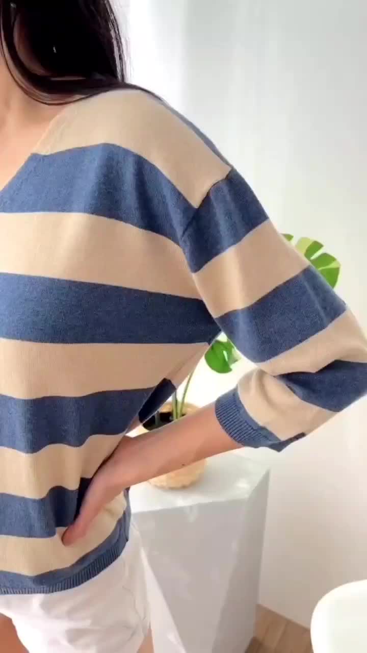 JI-EUN KNIT TOP baju atasan rajut salur wanita high katun  Knitwear Sweater