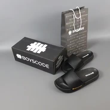 BOYSCODE Sendal Selop Karet Distro Pria Wanita Motif Side Logo Hitam Gold / Slip On / Slide / Slop