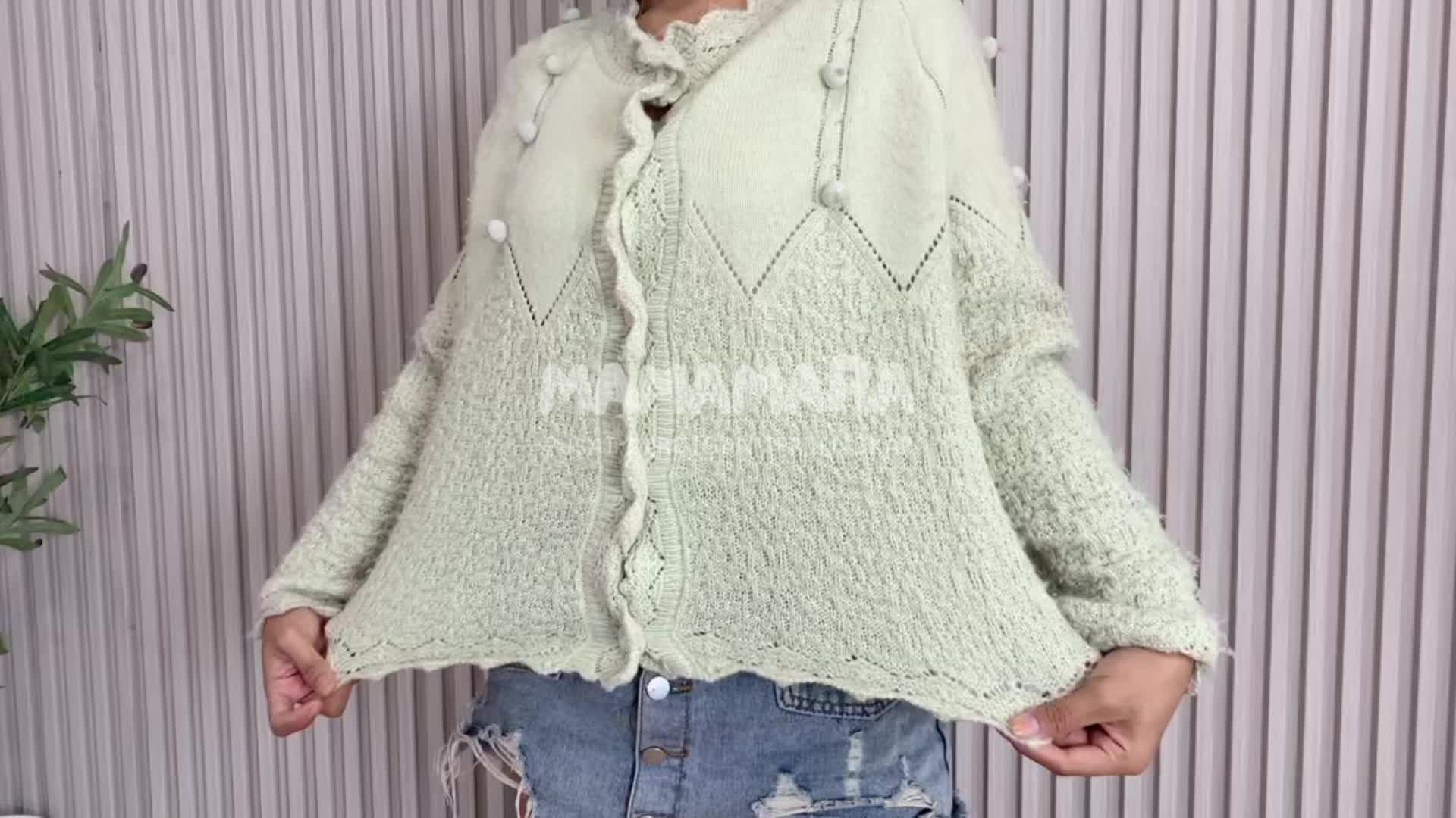 MAMAMARA - Cardigan Bola Rajut Premium Wanita Atasan Sweater Knitwear Outer Panjang Kardigan Oversize Kancing Baju Hitam
