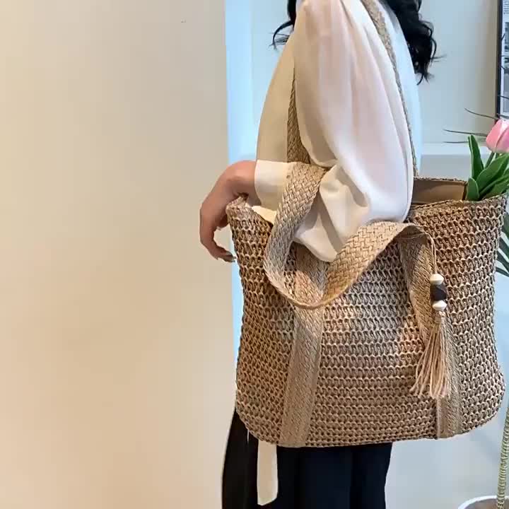 2024 Fashion Retro Tote Bag Tas Jerami Wanita Tas Jerami Kapasitas Besar Gaya Liburan Tas Tenun
