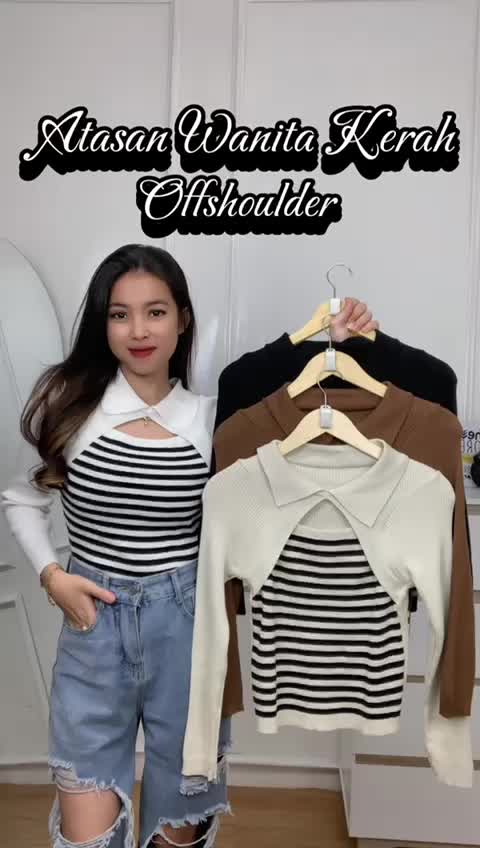 AJW [XCB] Atasan Wanita Kerah Offshoulder Two Tone Lengan Panjang | Atasan Wanita V-Neck Knit Kerah Offshoulder | Baju Rajut Wanita Lengan Panjang Two Tone Kekinian