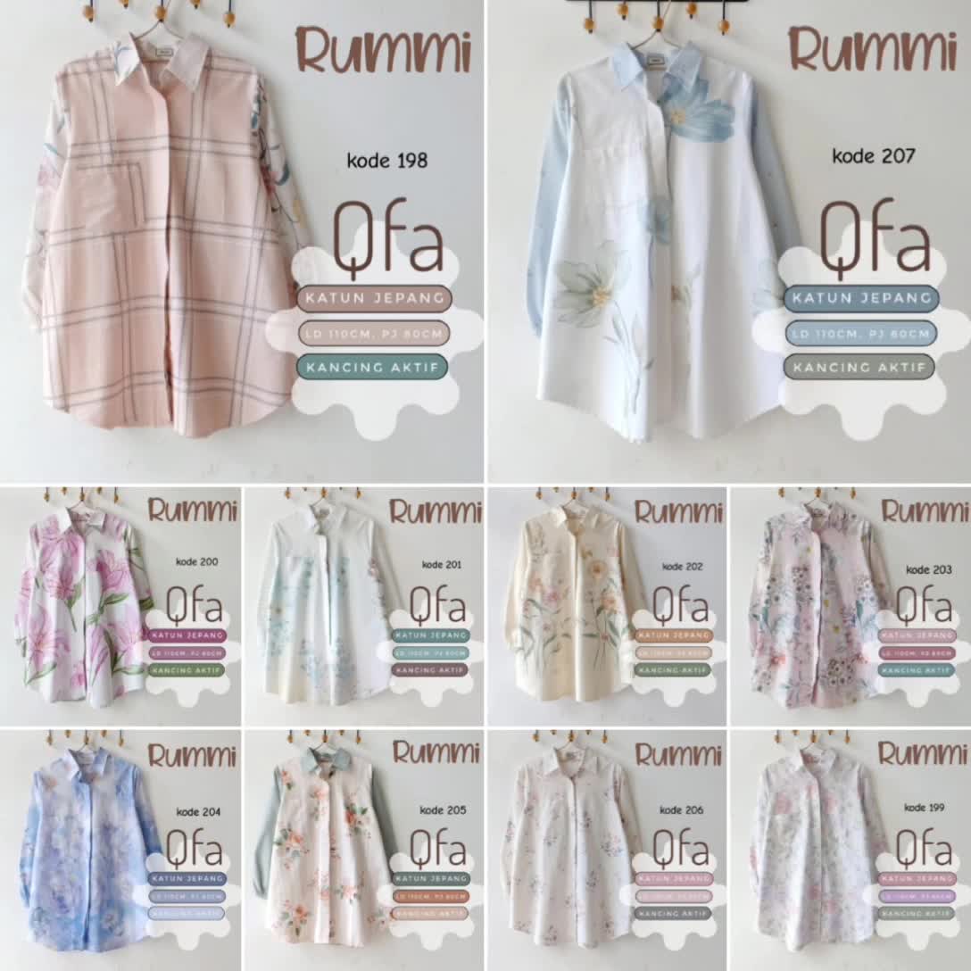 Rummi Qfa kemeja wanita katun jepang Atasan Panjang Motif Kancing