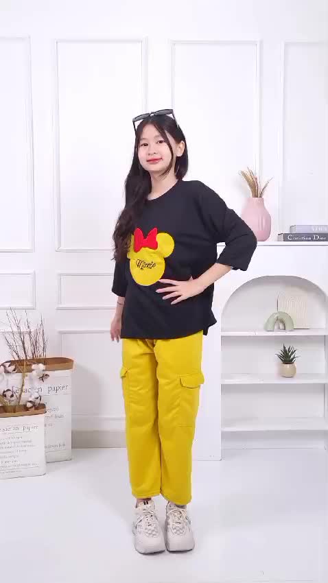 Setelan Cargo Anak Perempuan Motif Bordir Karakter Usia 4-12 Tahun Bahan Vista Terry
