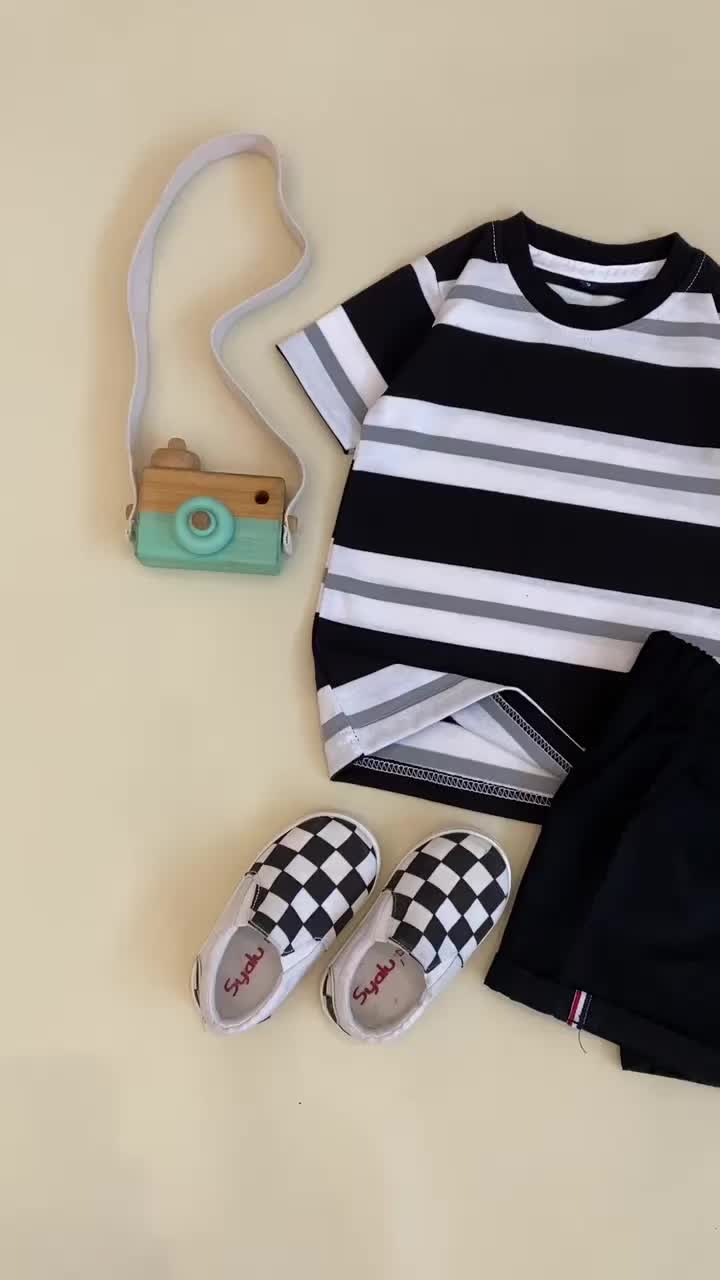 STRIBLYLIDS Setelan Baju Anak Laki Laki Baju Kaos Salur Stripe Celana Pendek Cargo 1 - 7 Tahun