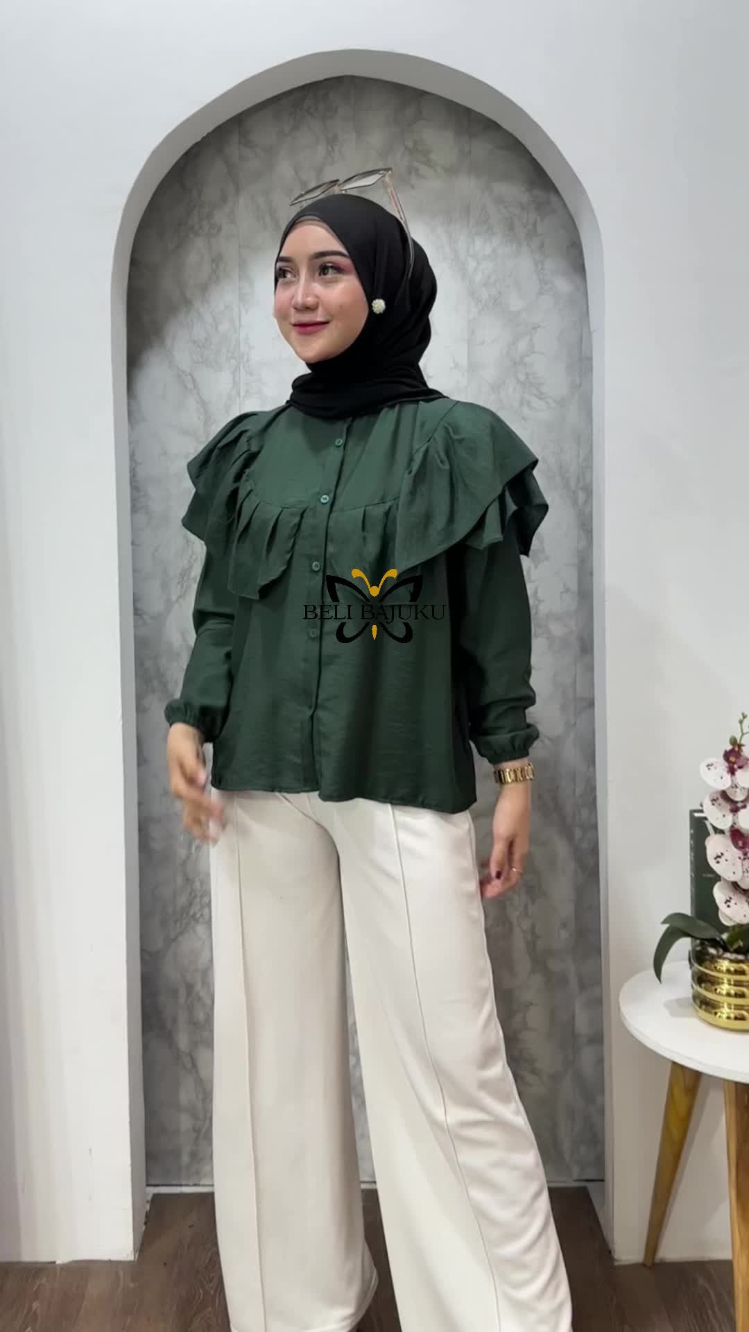 HANI BLOUSE / HANI KEMEJA / ATASAN WANITA / KEMEJA RUFFLE / POLO LINEN / LD 113Cm PJ 61Cm / MEWAH / BUSUI / KAIN KATUN / UNIK