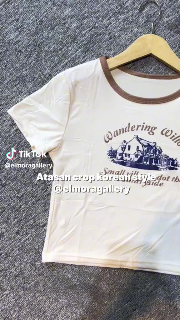 Elmoragallery BJ1682 Baju Atasan Kaos Korea Motif Vintage Wanita Crop Top Lengan Pendek Fashion Tee Tshirt Oversize Cewek Dewasa Panjang Katun