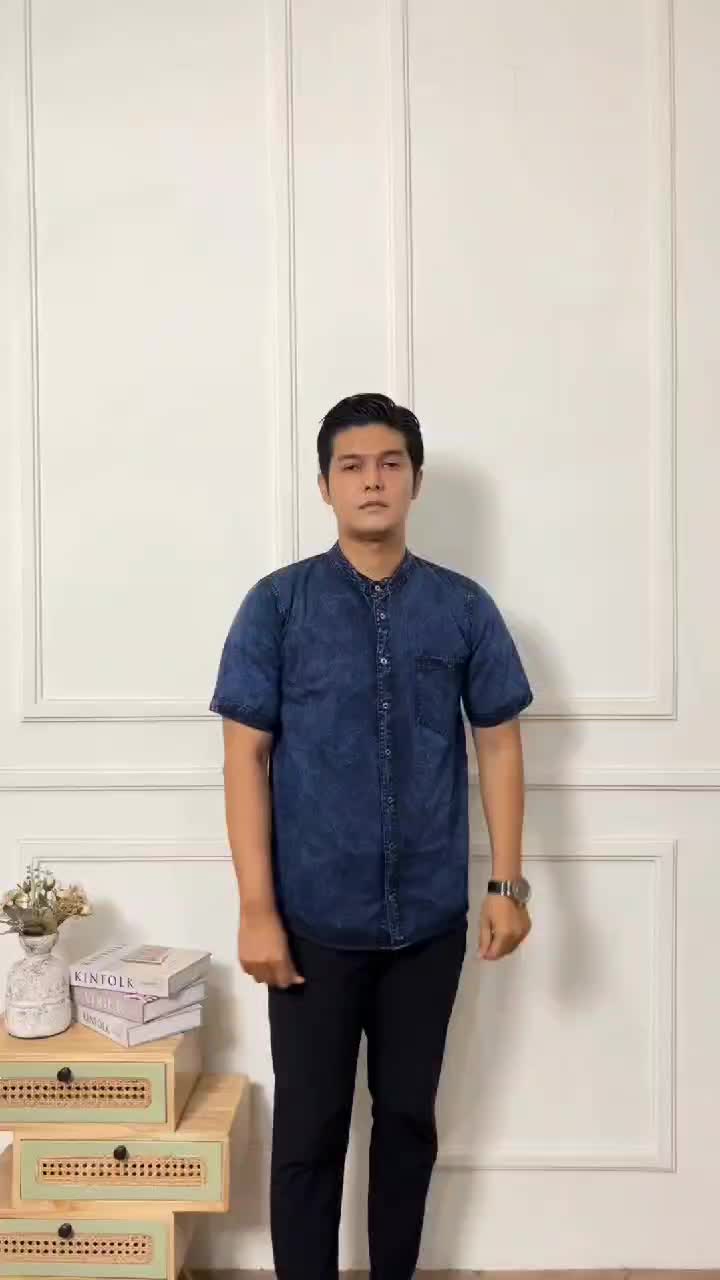 Kayla Kiddoz Denim Kemeja Koko Lengan Pendek Kemko Cowok Muslim Baju Pria Dewasa