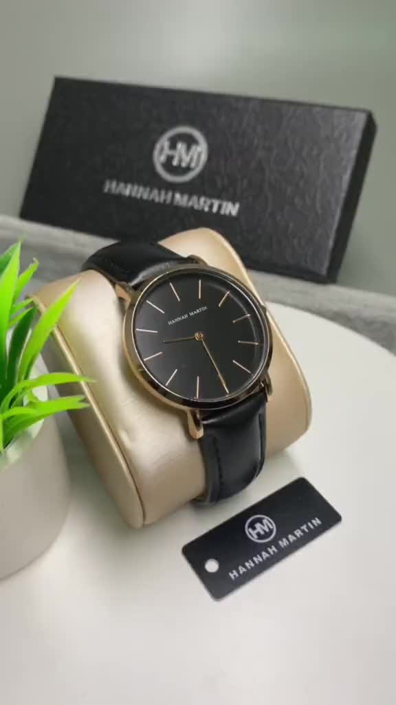 Jam Tangan Couple Pasangan (Harga Satuan bukan Sepasang) Original HANNAH MARTIN Anti Air Analog Kulit Cod Watches Kaca Luxury Hitam  3602