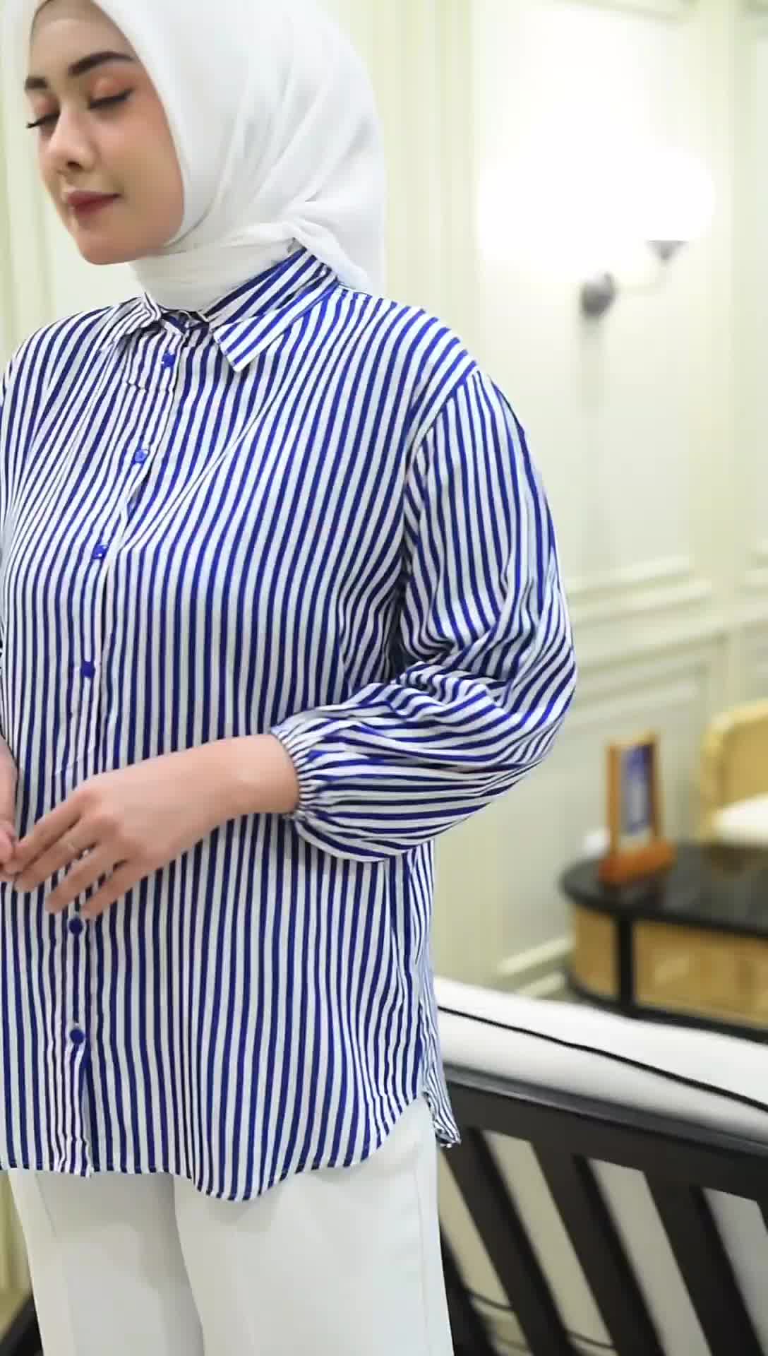 IZZE Atasan Rayon Oversize Wanita Kemeja Salur Rayon Premium Atasan Wanita Kekinian Lengan Balon Baju Motif Garis-garis Panjang