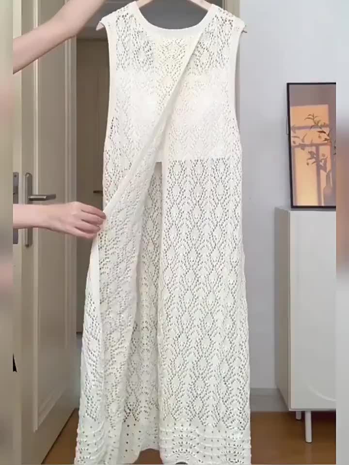 Desain Gaun Rompi Rajutan Blus Berlapis Khusus Dengan Rok Panjang Belahan Belakang Rok Yang Chic