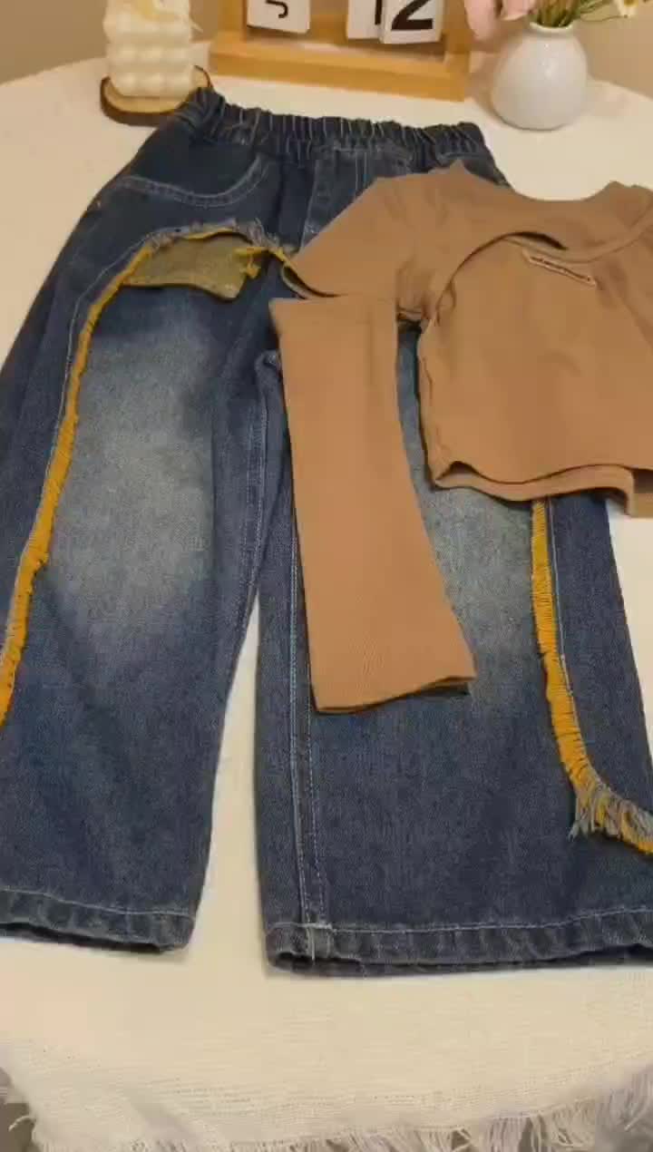 Yacoo Celana Jeans Panjang Kekinian Anak Perempuan +  Setelan Baju Hip Hop Anak Perempuan -  Kids Fashion