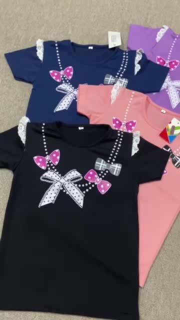 Kaos Atasan Anak Perempuan Usia 3-14 Tahun Bahan Spandek Soft Motif Kalung Pita Nyaman Fleksibel untuk Aktivitas Sehari-hari