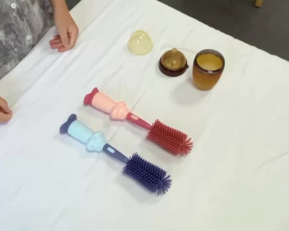 LAKOE 3in1 Pembersih botol menyikat bayi dot bayi menyikat set pembersihan jerami silikon Biru Merah Biru Merah Sikat Bottle