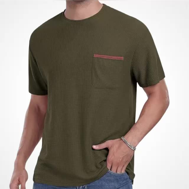 Kaos Cotton Waffle Knit Lengan Pendek Polos Model Berkantong Model Terbaru Pria T-Shirt Oblong Dewasa