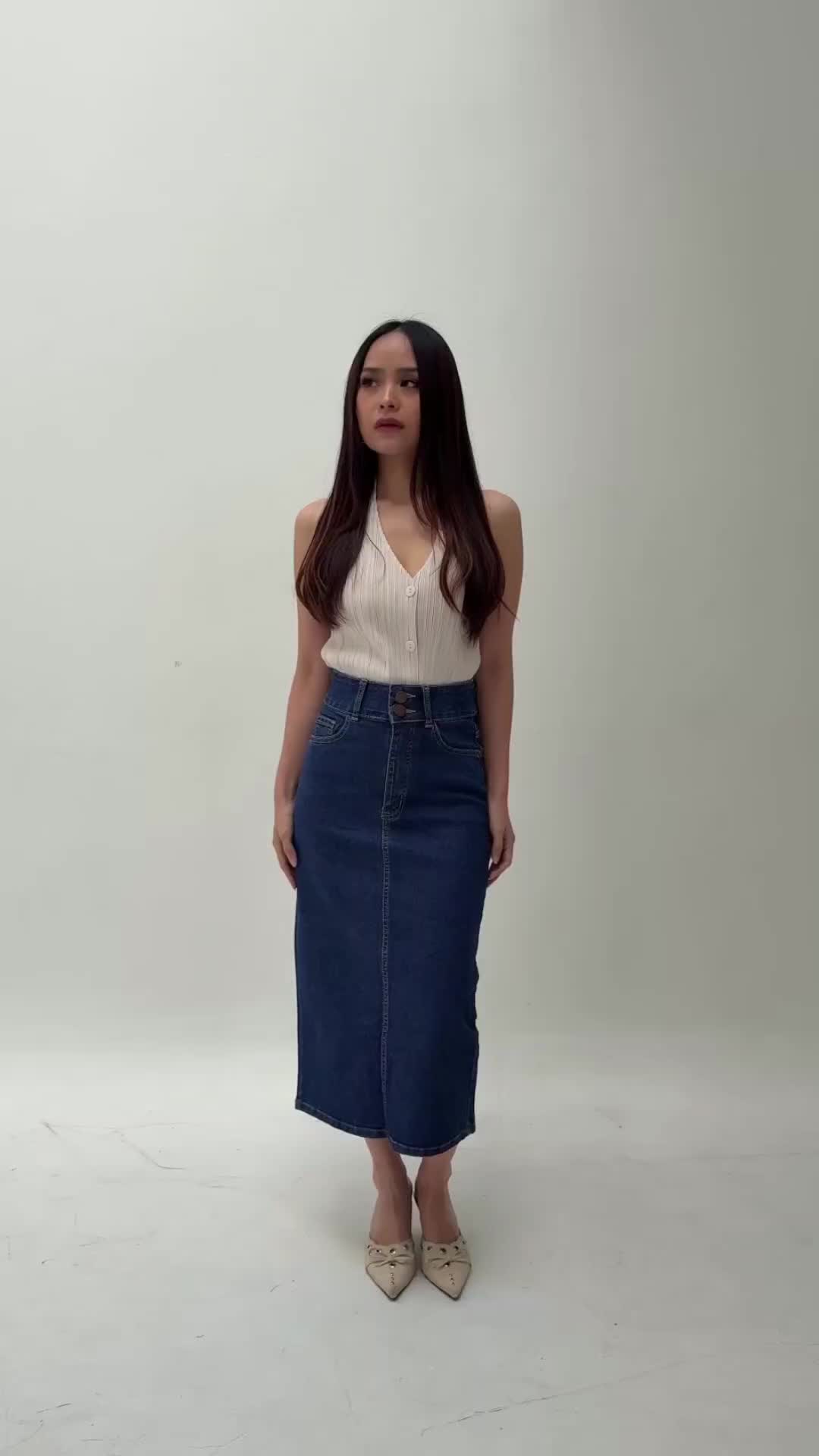 Onetta - JEMMA (Dark Bio Blue) - Rok Jeans Wanita Basic Span Fit Body High Waist Elegan Panjang 7/8 Bahan Stretch bisa dipakai Kerja