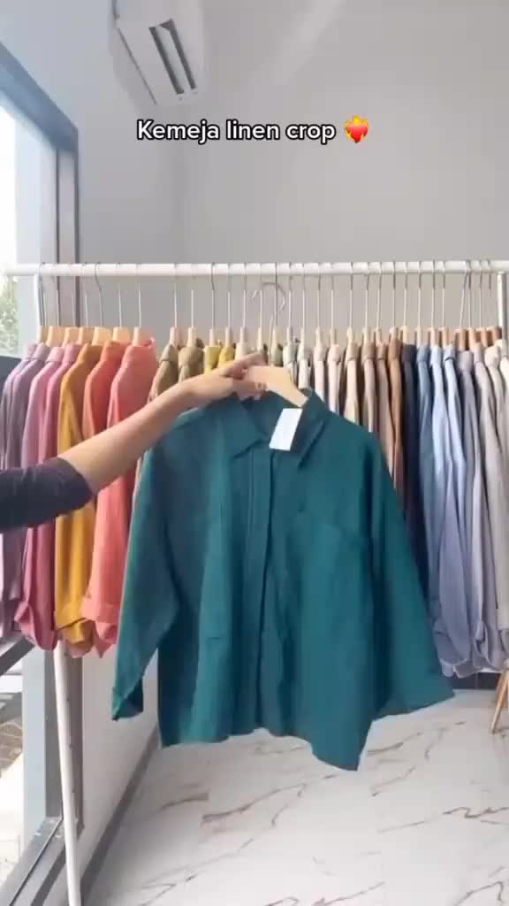 Kemeja Crop Linen Wanita Korean Style Basic Pocket Atasan Oversize Kantong Terbaru Top