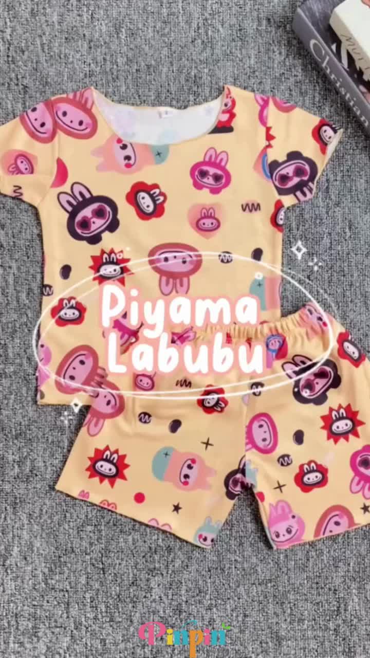 Pinpin Kids - Baju Labubu Anak Perempuan / Setelan Labubu Anak Perempuan / Set Celana Pendek dan Lengan Pendek / Baju Santai Anak Fashion