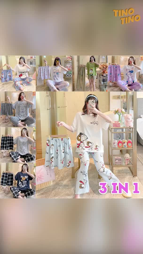 CIJI Piyama 3in1/Piyama Lengan Pendek Celana Panjang/Pendek&Baju Tidur Import/Baju Tidur 3in1 Atasan Motif Nyaman