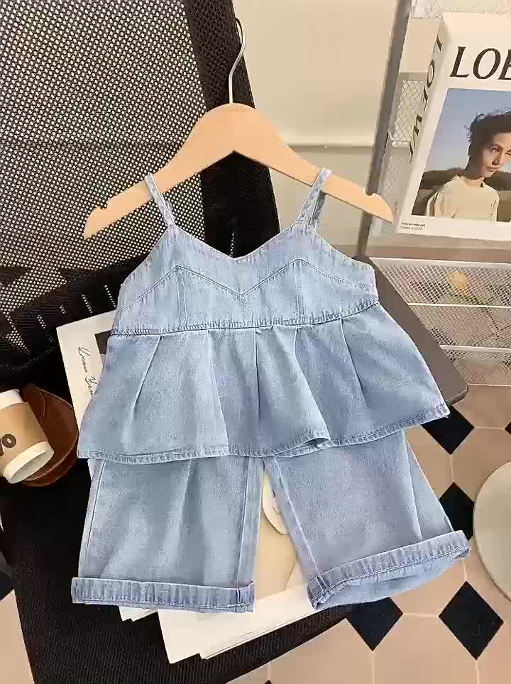 Set Anak Perempuan Set Baru Celana Bayi Perempuan Gaya Korea Suspender Bernapas Modis Celana Kaki Lebar Biru Set Dua Potong