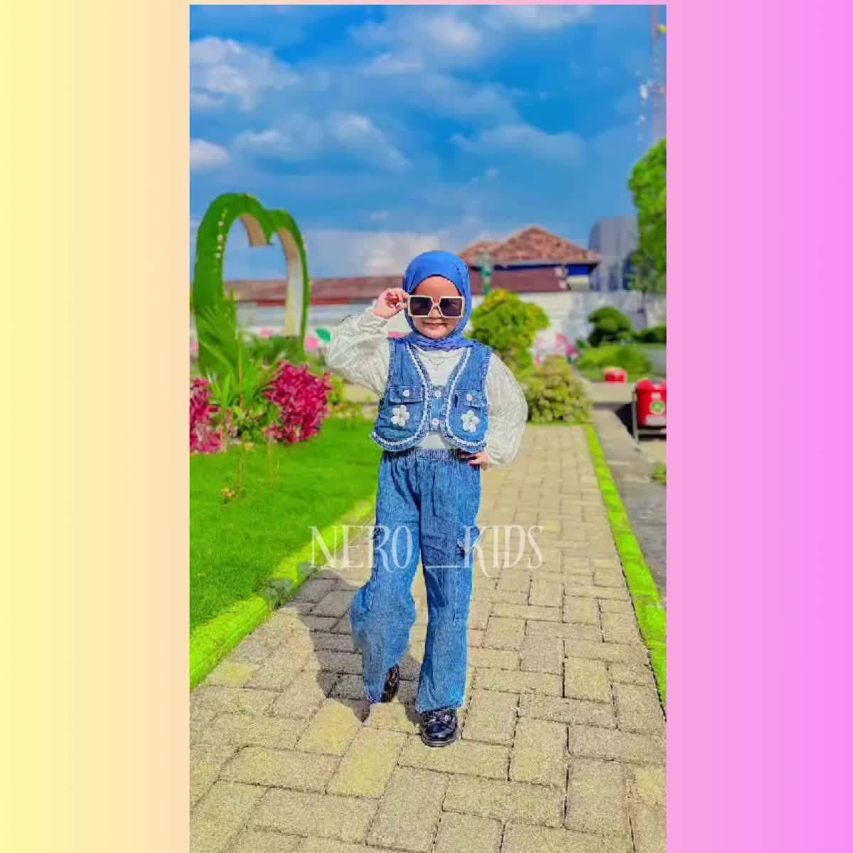 Stelan jins anak perempuan korean style celana jeans cutbray usia 3 - 10 tahun set kemeja motif bunga tulip model kekinian korean style terbaru 2024 set bunga anak perempuan- Fashion Baju Setelan
