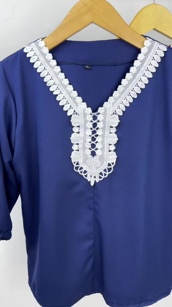 LVL - Blouse Kerah Renda Richelle Atasan Vneck Blus Jumbo Wanita Model Baru Size L XXL dan 3XL Karet Lembut Kombinasi Panjang Motif