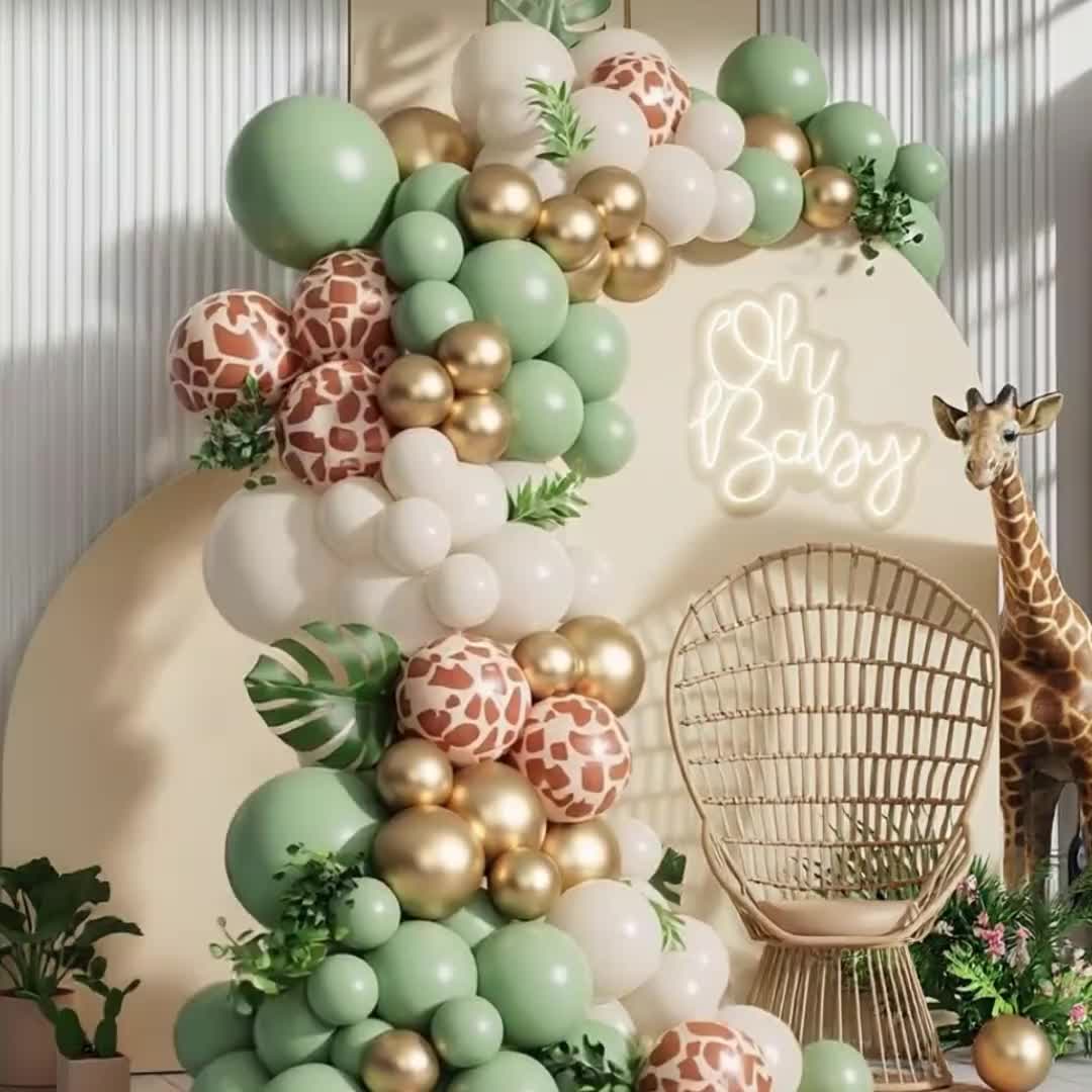 115 pcs Jungle Safari Hewan Jerapah Dicetak Sage Green Sand Putih Emas Garland Balon Retro Set Untuk Dekorasi Ulang Tahun Hijau Bunga