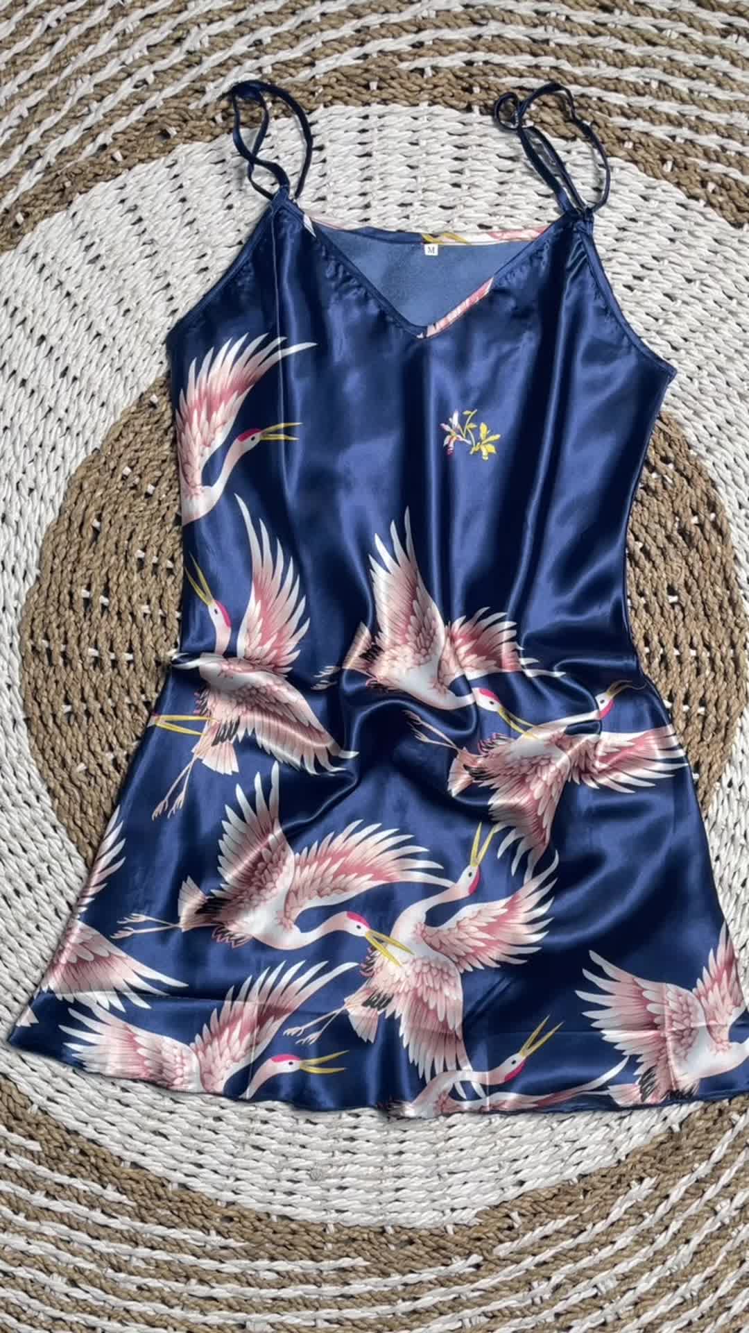 [ Happy Girl Shop ] Daster Dress Pajamas Homewear Desain No Sleeve Tanpa Cup Strap Shoulders Adjustable High Back Motif Burung Flaminggo Cantik Variant All  Warna Comfortable Best Seller Satin Silk High Quality DFLAM