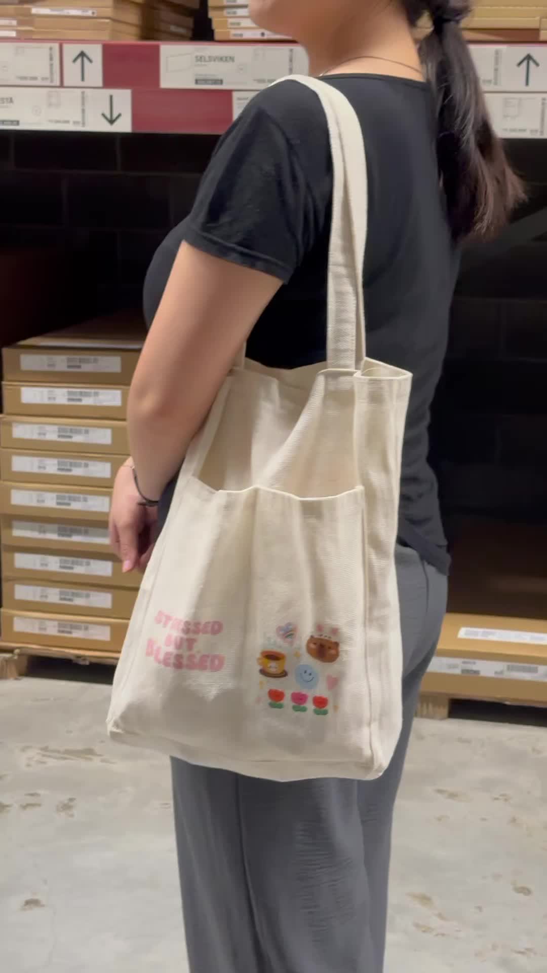 Totebag Kanvas Dua Kantong Bergambar Karakter Lucu Imut dan Tulisan Motivasi Semangat/Totebag Kanvas/Totebag Sekolah/Totebag Jalan Jalan