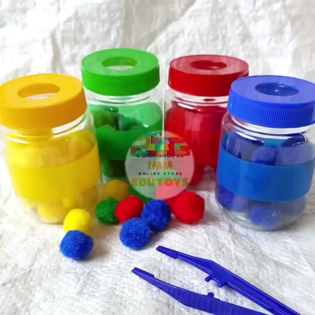 Busy jar Mainan Edukasi Pompom Paket Sorting Color 4 Set Botol Sortir Pompom Warna warni Montessori Sensory Play Motorik Bola Bulu Warna