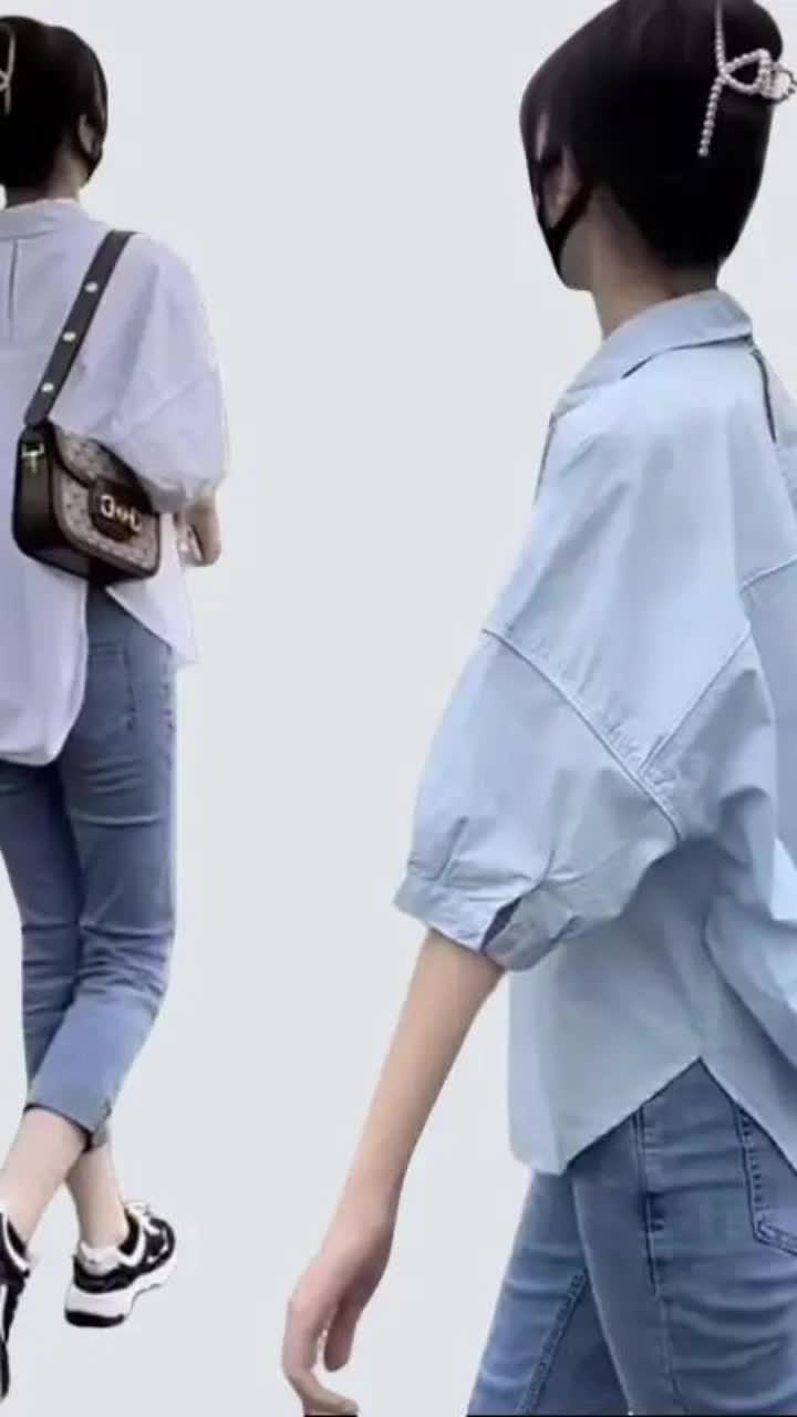 PAPADI IB0049 Kemeja Wanita Oversize Kekinian Kerah Straight Lengan 3/3 Nyaman Panjang Kancing Pendek Atasan