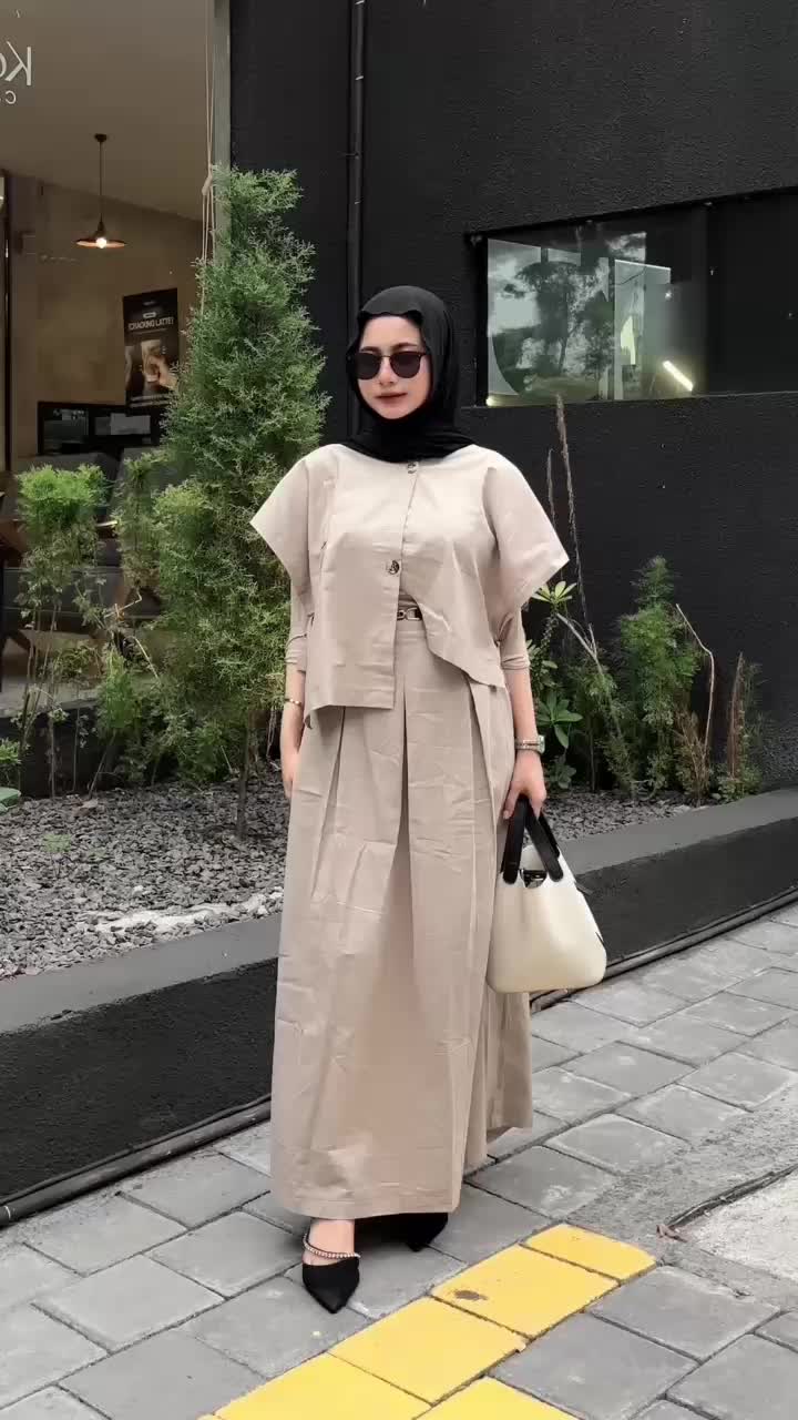 Cinesia ID | Kimmy Vest Setelan Wanita Muslim Clean Outfit korean style | Crop + Rok A-Line -Linen Set Hijab OOTD Hits