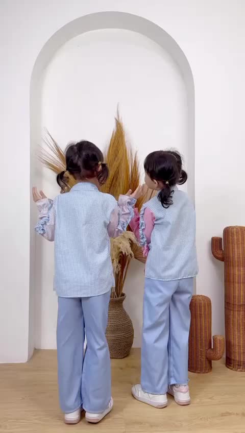 Dungdungkids Setelan Anak Chessy Katun Kotak Ruffle Celana Jeans 3 - 11 Tahun