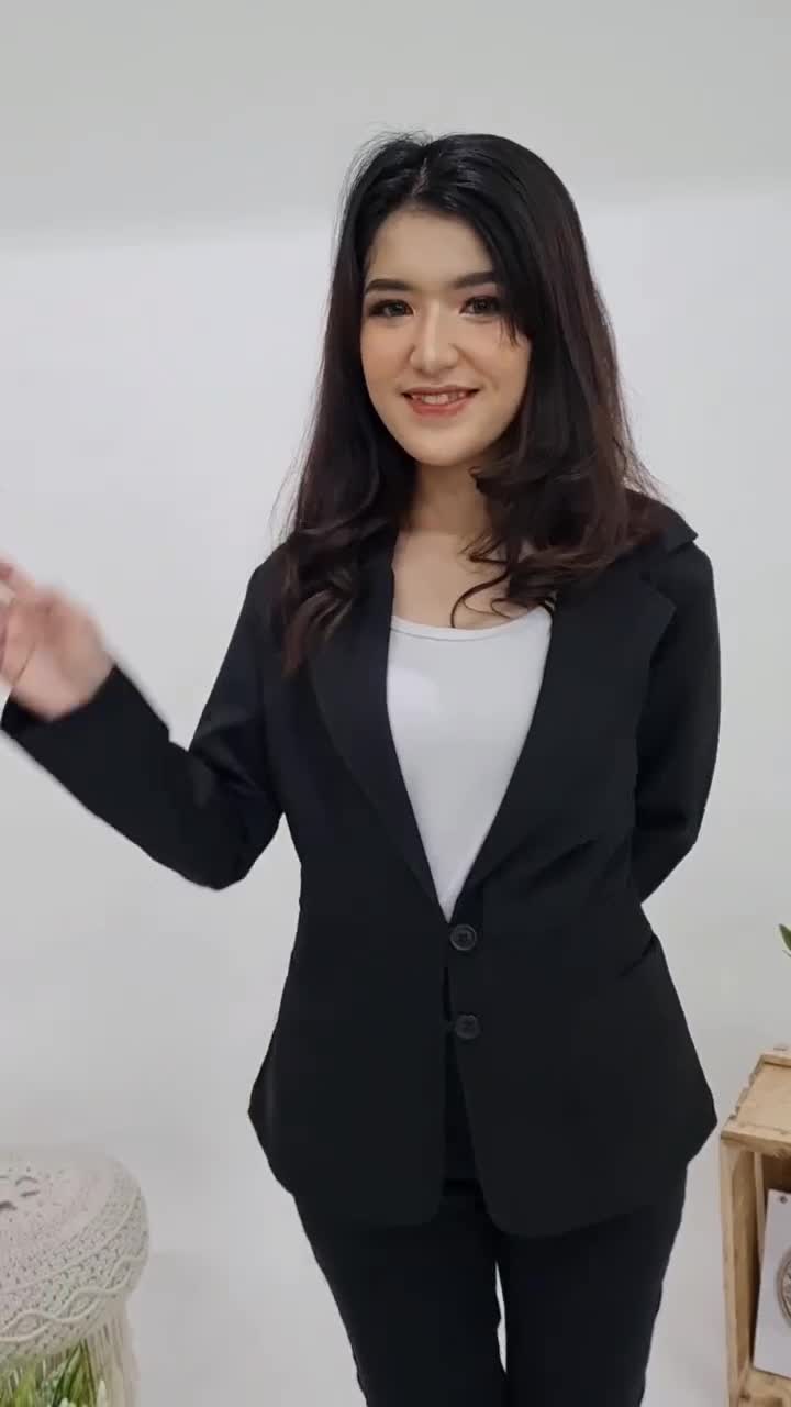 Blazer eksekutif wanita kantong depan Hitam abu navy bahan halus Formal Kerja Kantor