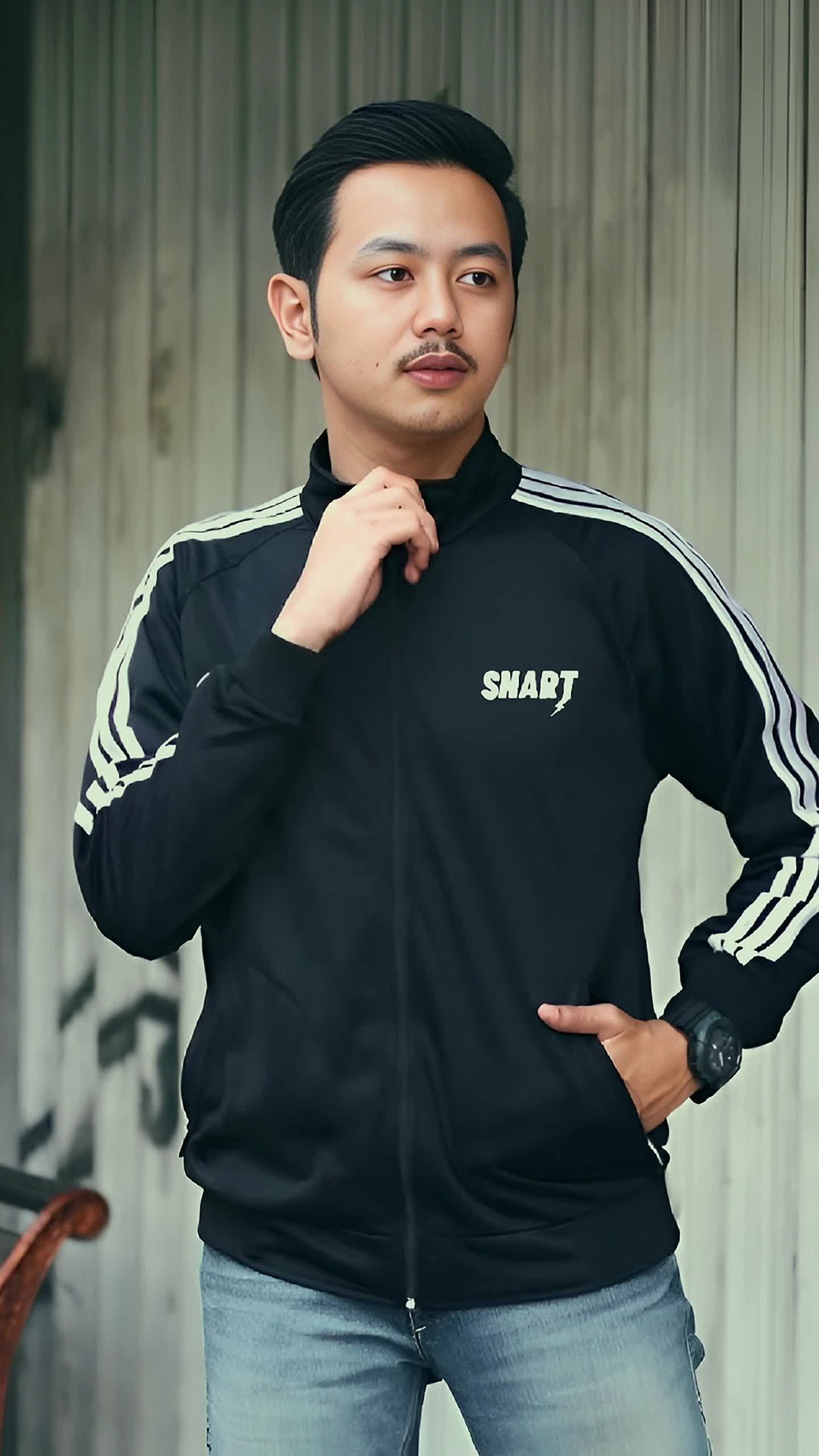 Snart Jaket Tracktop Casual Hitam Poliester Strip Putih Pria Wanita Sporty Panjang Tebal Kerah Basic Formal Blazer Polyester Distro