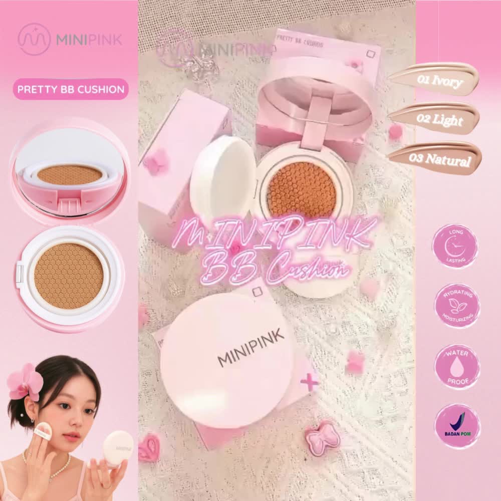MINIPINK Pretty BB Cushion Makeup Base Wajah Full Coverage Natural & Flawless Finish Lasting MP031
