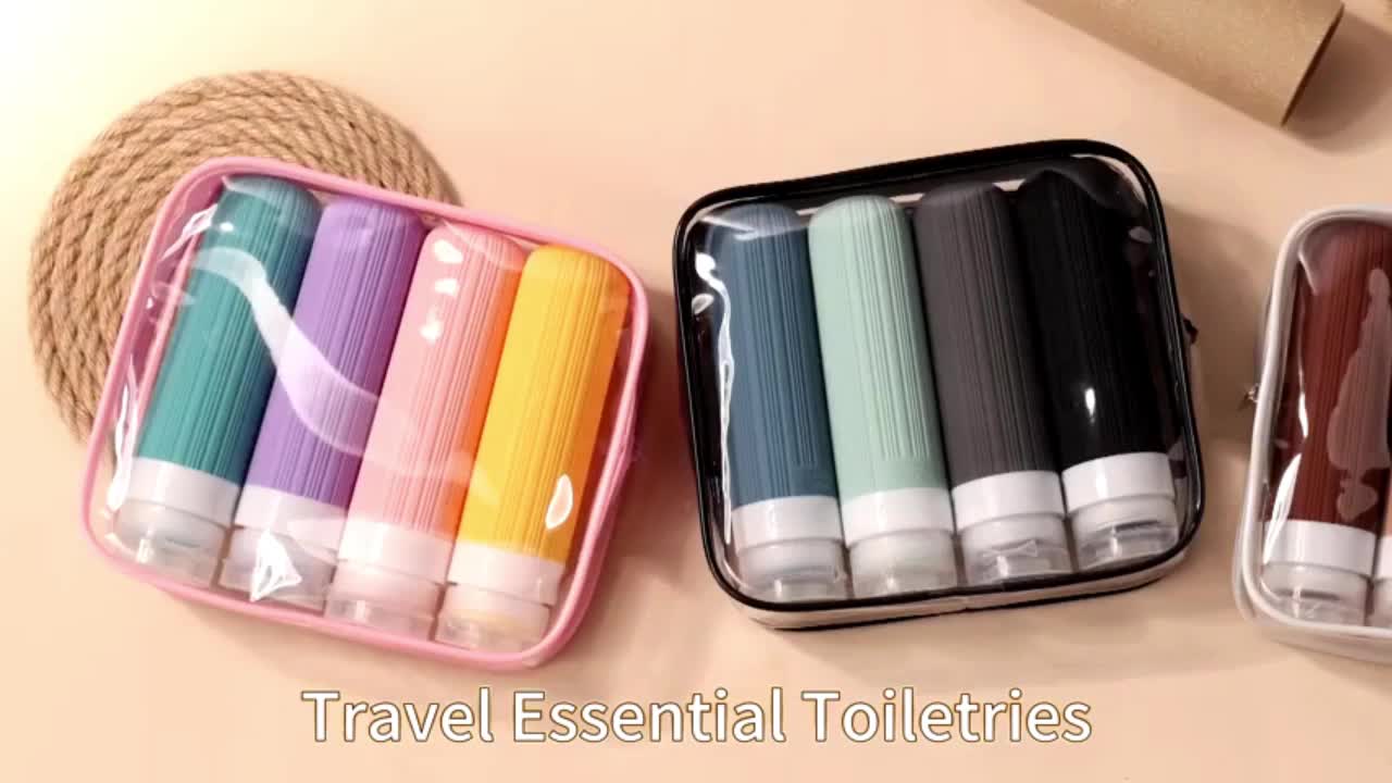 Premium Silicone Travel Bottle Set / Botol Sabun Shampoo Silikon Set untuk Travel / 4Pcs Portable Travel Bottle Set Silicone Squeezable Containers for Toiletries Clear Zipper Bag