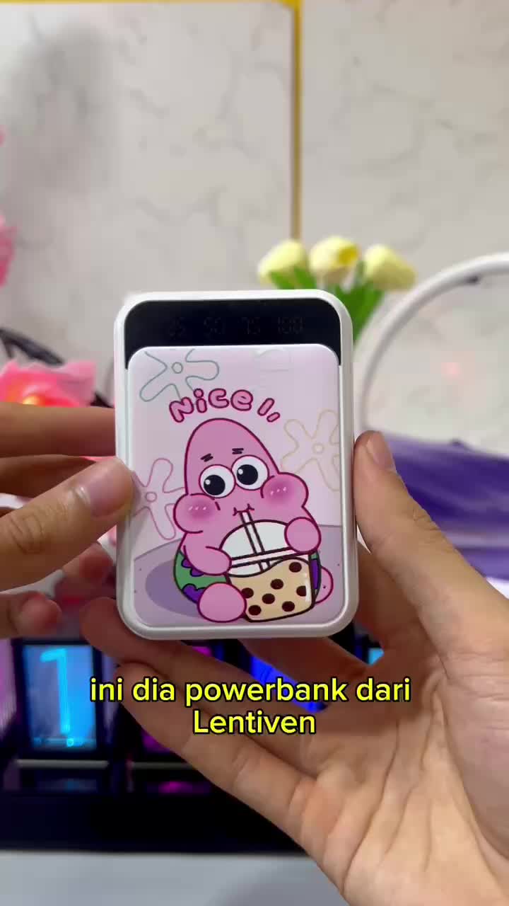 LENTIVEN PowerBank 20000mAh Cute Mini Kartun Mirror Screen Digital Display PowerBank MACARON Charger Led Flashlight