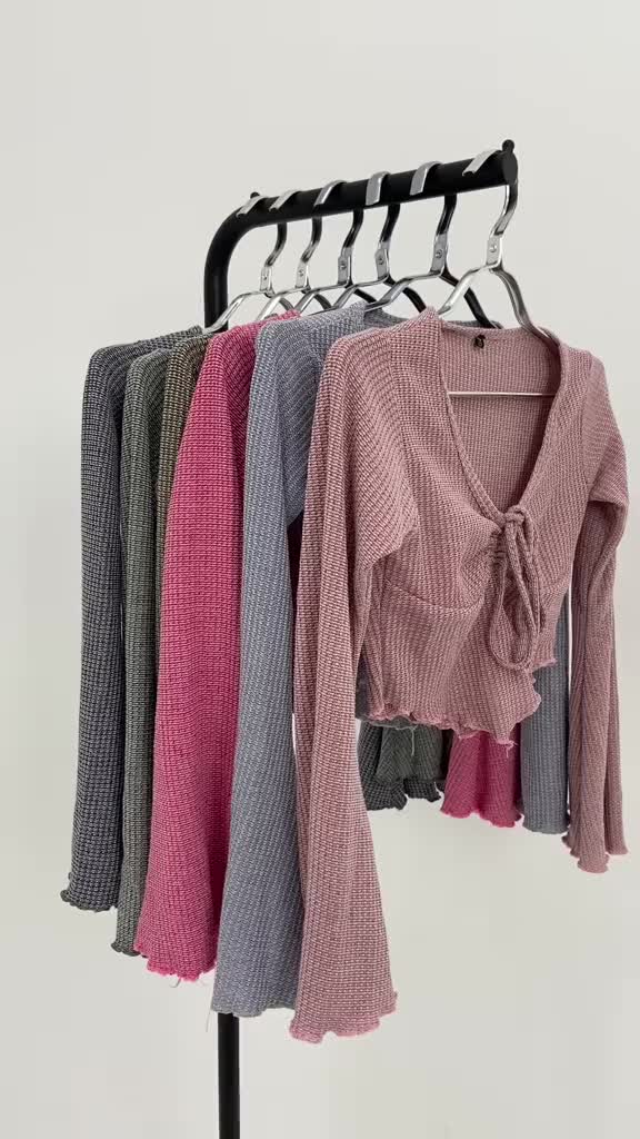 Regina wafle rib / melar dan lembut V-Neck Atasan Crop Top