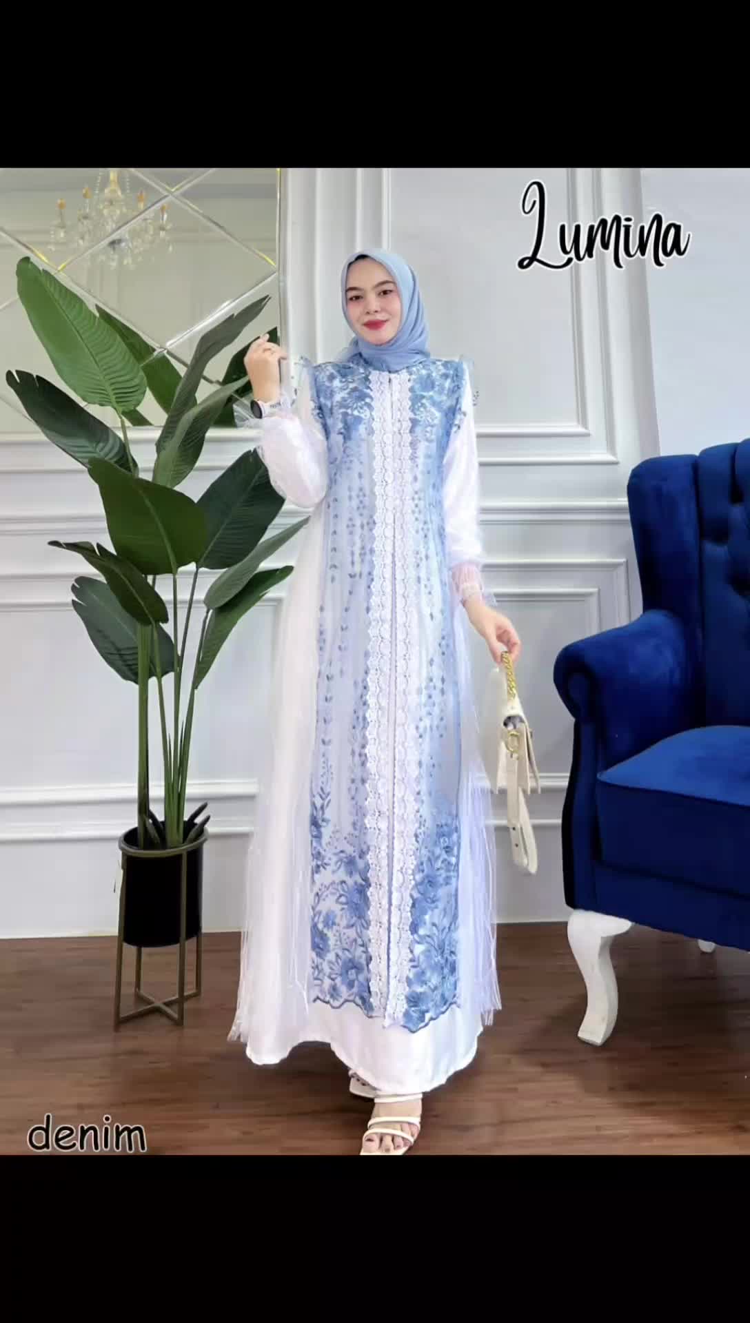 LUMINAR gamis lebaran gamis kondangan gamis pesta mewah Outer Mutiara Panjang Tile Putih Muslim Karet Bordir