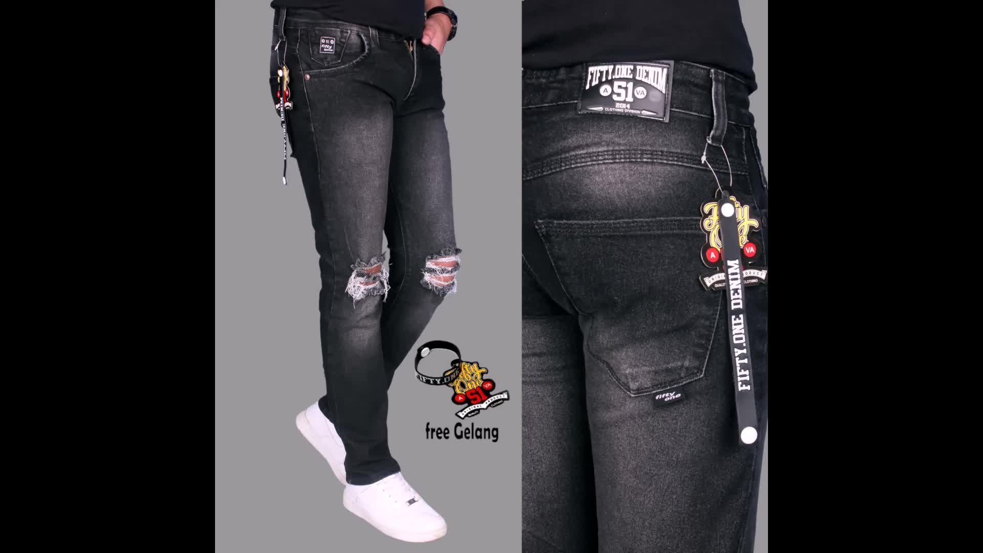 celana barudak bandung jeans panjang sobek lutut dengkul pria strecth Denim Slimfit Slim Fit Hitam Cowok