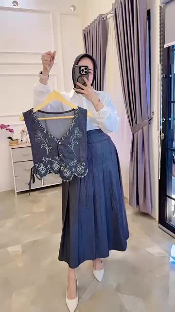 Setelan Lania soft jeans one set 3in1 pakaian wanita setrok vest bordir nyatu f Linen Muslim Mewah Panjang Kondangan