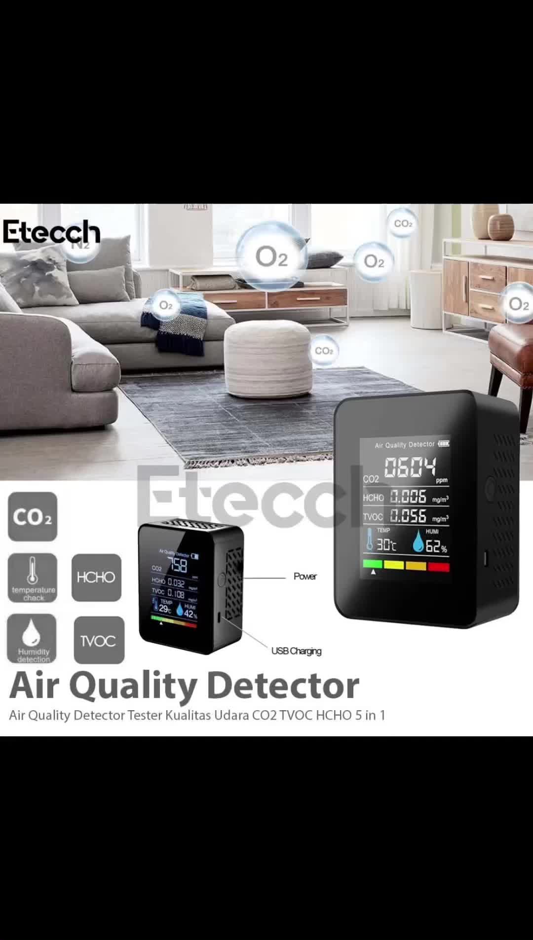 Air Quality Detector Tester Kualitas Udara CO2 TVOC HCHO 5 in 1  - Black