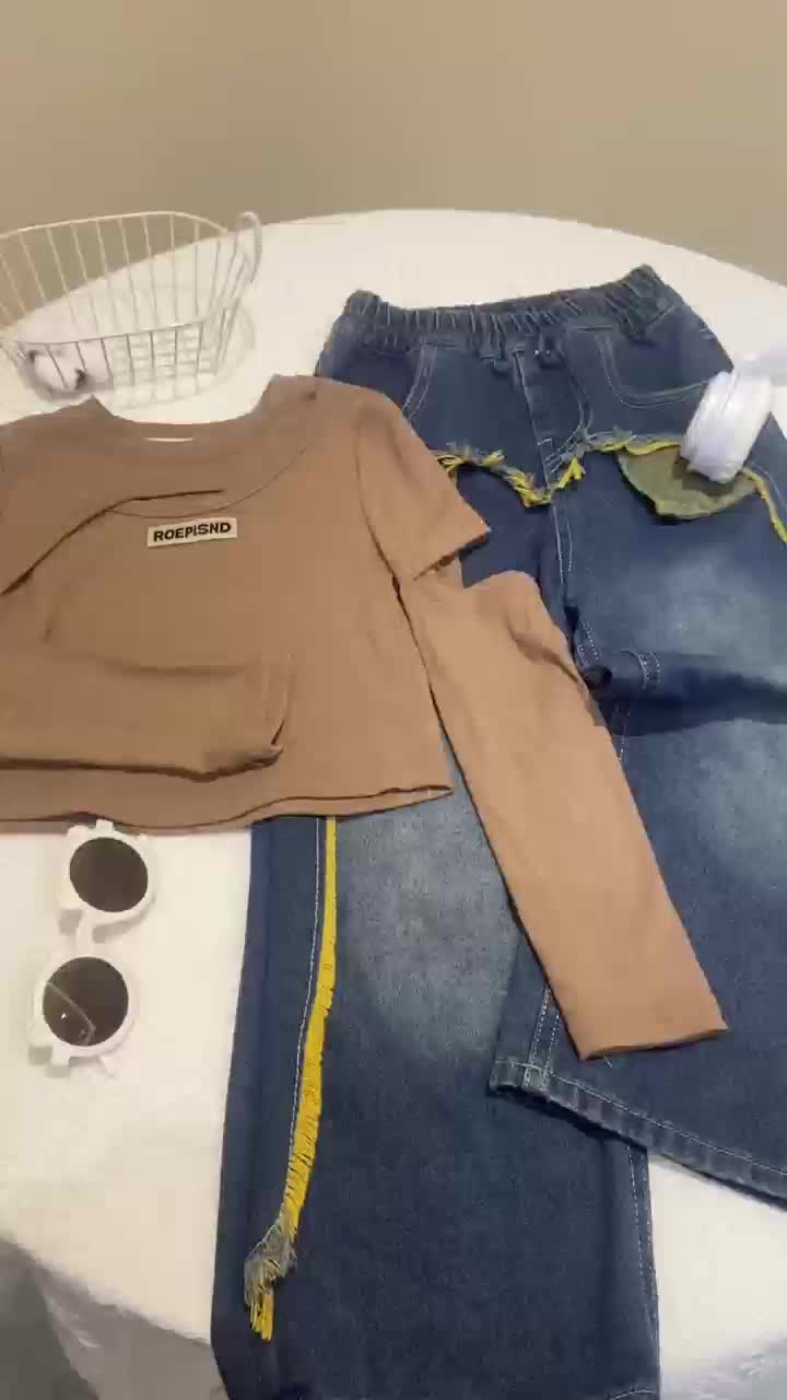 Balale Setelan Baju Anak Perempuan Celana Jeans Anak Perempuan Setelan Lengan Panjang Anak Katun Jeans Casual Style Setelan Denim Bentuk Hati Usia 2-10 Tahun