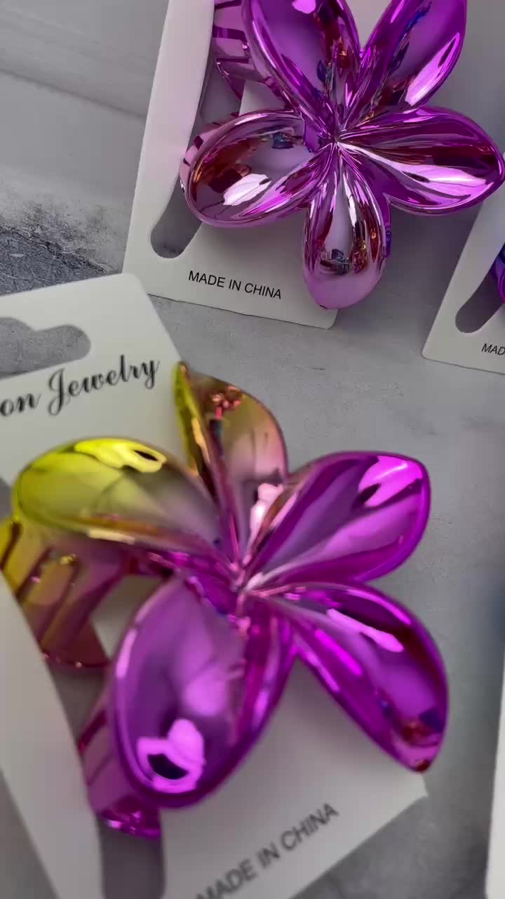 Jepit Rambut Bunga Chrome Glossy | Hair Claw Cantik Warna Metallic Korea Style Clips Biru