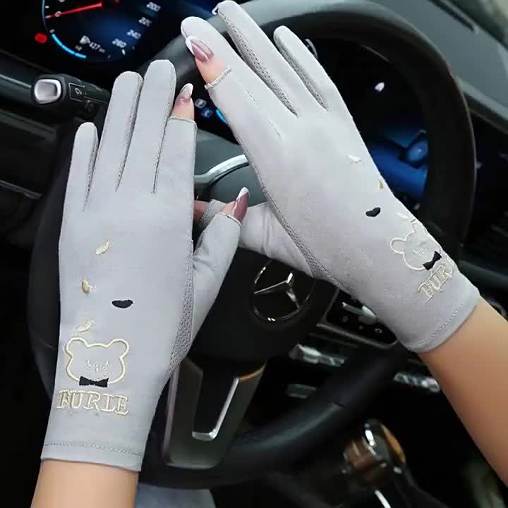 Sarung Tangan Wanita Pelindung matahari PURLE pendek katun UV tipis anti selip yang memperlihatkan dua jari saat berkendara mengemudi menulis