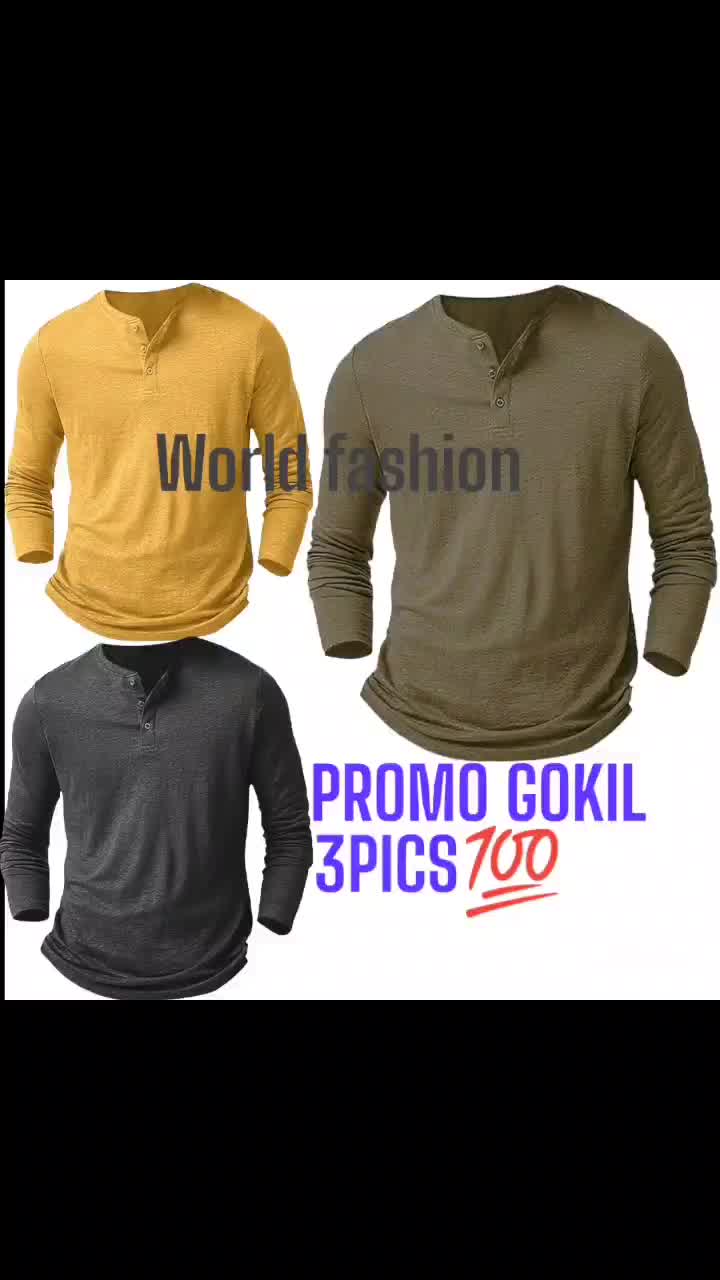 Baju kaos pria lengan panjang kancing tiga polos  Simple