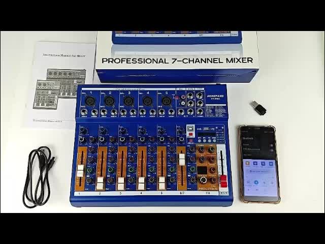 MOREFAND MIXER-F4/7 PRO adalah mixer profesional yang dilengkapi dengan antarmuka sound card, memiliki 4/7 saluran, 3 band equalizer, dan 99DSP. Dilengkapi dengan Bluetooth, USB, MP3, perekaman, dan pengaturan PAN, ini adalah audio mixer yang sangat baik