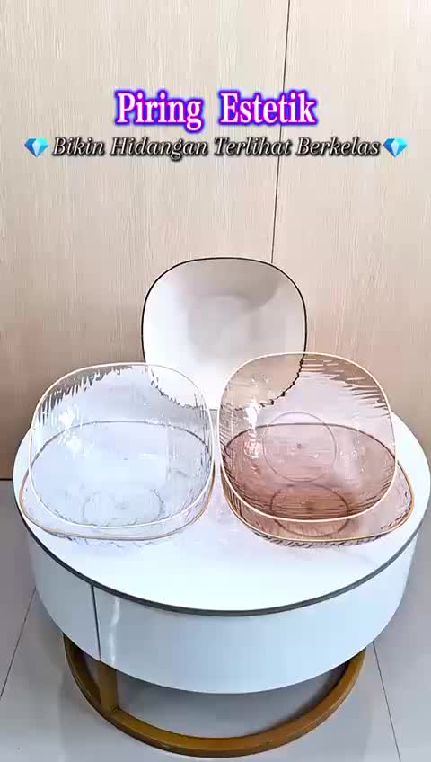 YESALL Piring Makan Kotak 20cm / 24cm Ripple Transparan Elegan Pinggiran Emas – Untuk Nasi, Lauk, Pasta, Salad, Estetik Sehari-hari PET Food Grade