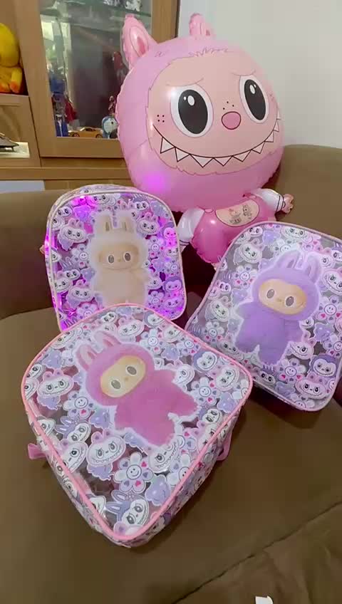 Tas Ransel Anak Mika Transparan Motif Labubu Full Print - Ransel Anak Krakter Labubu Kawaii Anti Air